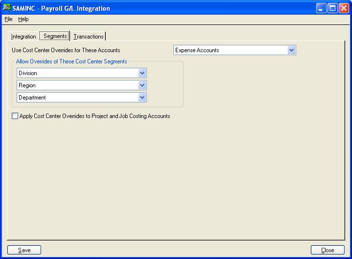 Step 5: Set up G/L Integration Segments Tab The Segments tab of the G/L Integration form, available to you only if you selected Use Cost Center Overrides on the Integration tab, lets you list up to