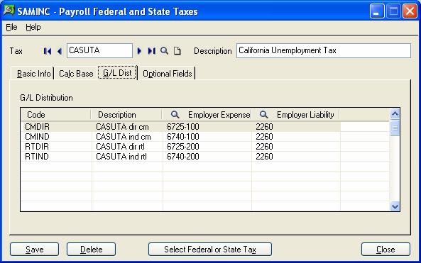Step 13. Set Up Federal and State Taxes Review your G/L posting needs and complete the fields on the G/L Distribution tab as follows: Setting Up Payroll Distribution Code.