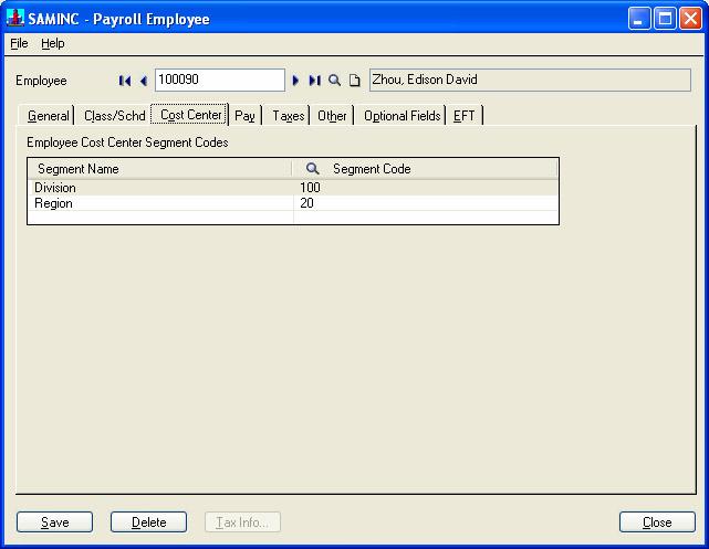 Step 15. Set Up Employees Cost Center Tab The Cost Center tab of the Employees form displays as prompts the G/L segment names you set up on the Segments tab of the Payroll G/L Integration form.