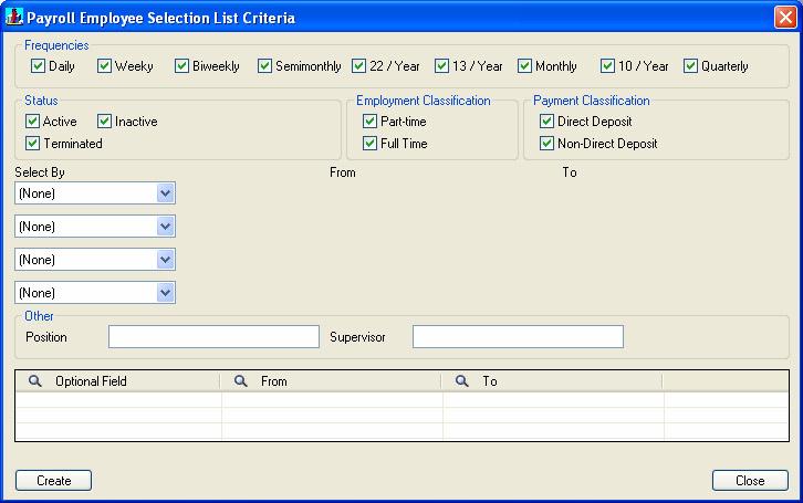 Step 18. Set Up Employee Selection Lists Payroll then closes this form, and returns to the Employee Selection form, filling it with the copied employees. Criteria button Criteria button.