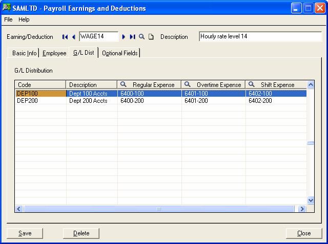 Choosing G/L Integration Options Using the example given at the beginning of this section, suppose that: Your company has two departments (100 and 200), and you post payroll totals to G/L accounts