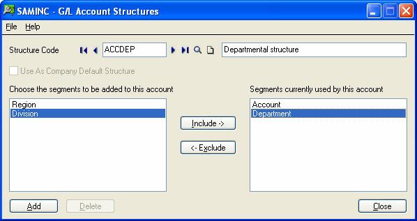 By including the segment Department in one or more G/L account structures, you set up the blueprints for the accounts containing the Department segment.