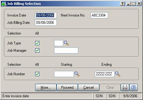 Job Billing Selection is modified with a More button (Figure 2). When clicked a Roll Up Invoices prompt will appear (Figure 3).
