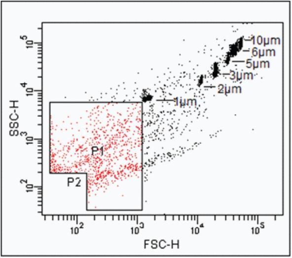 Supplementary Figures Figure S1. Flow cytometry gating for particles <1 μm using size-based calibration with synthetic beads 1 μm, 2 μm, 3 μm, 5 μm, 6 μm, and 10 μm in diameter.