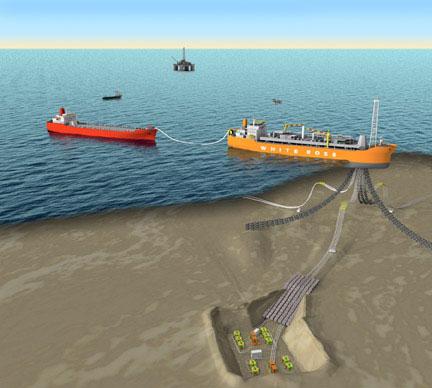 (FPSO s) receive crude oil from deepwater wells and store it in their hull tanks until the crude can be pumped into shuttle tankers or oceangoing barges for transport to shore.