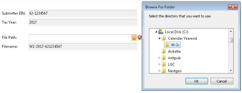 Click the ellipsis (3-dot) button to browse to a location of where the W-2 electronic file will be saved. Browse For Folder box will display.