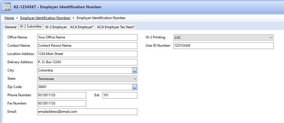 W-2 Submitter tab is used to designate submitter of your W-2 electronic file. In most cases, this is your office information.