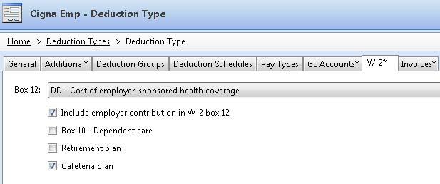 Also use W-2 tab of deduction and benefit types to set up reporting of employer-sponsored health coverage.