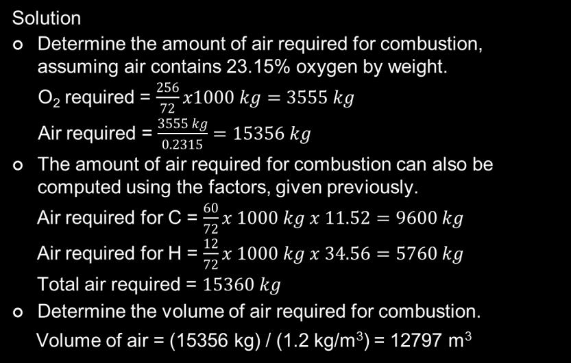 Example 9.2 Determination of the stoichiometric amount of air required for the combustion of an organic solid waste.