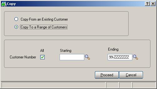 Copy the current item pricing record to a range of customers Copy all customer item pricing records for the current customer to a range of customers If you select Copy From an Existing Customer, then
