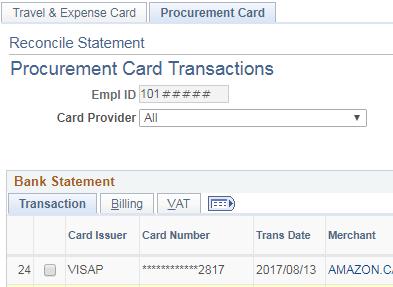 1 Click on the Procurement Card tab to access PCard transactions.