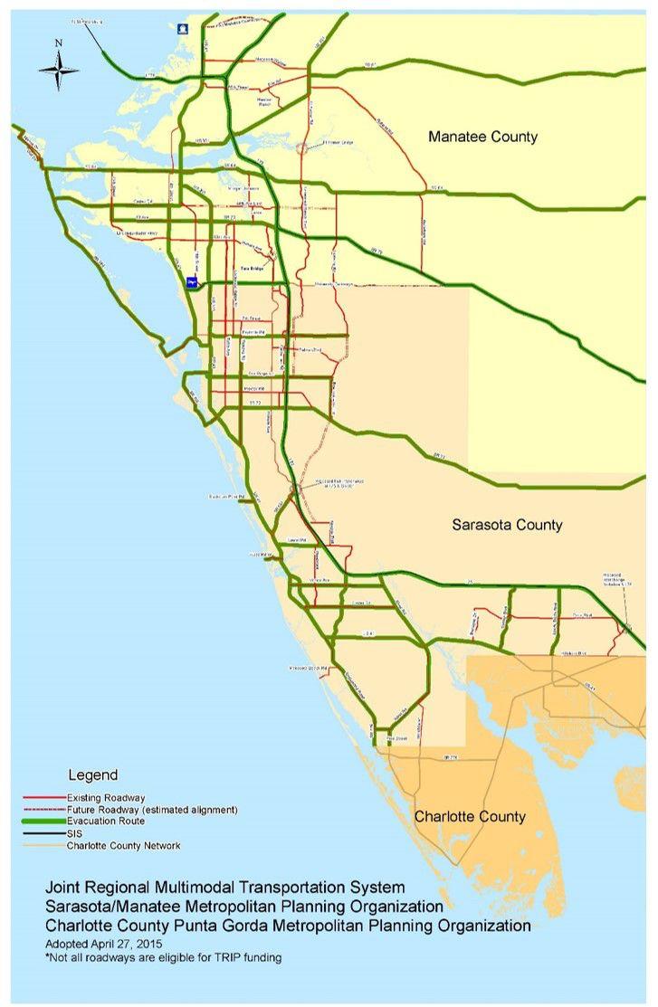 Figure 2-4 is the adopted regional roadway map for the Sarasota/Manatee Urbanized Area and Figure 2-5 is the Tampa Bay Area Regional Transportation Authority (TBARTA) Roadway
