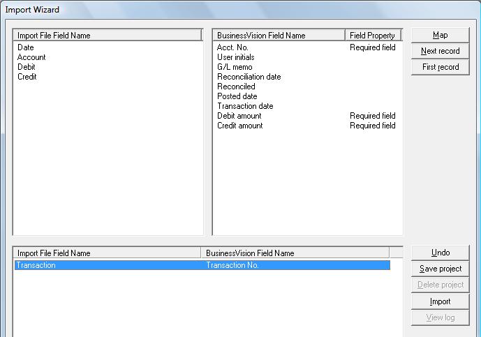 To map a field from the import file to a BusinessVision field, first select the import field.