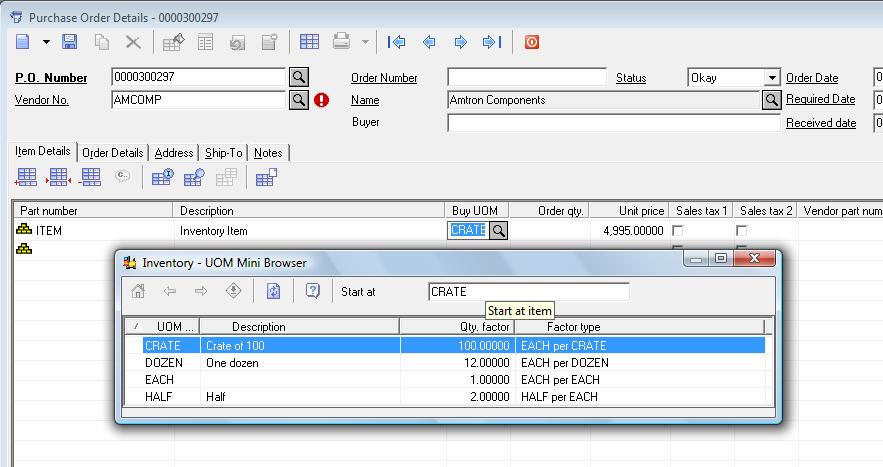 Purchase Order Details allows entry of any valid unit of measure that has the Buy unit of measure setting enabled.