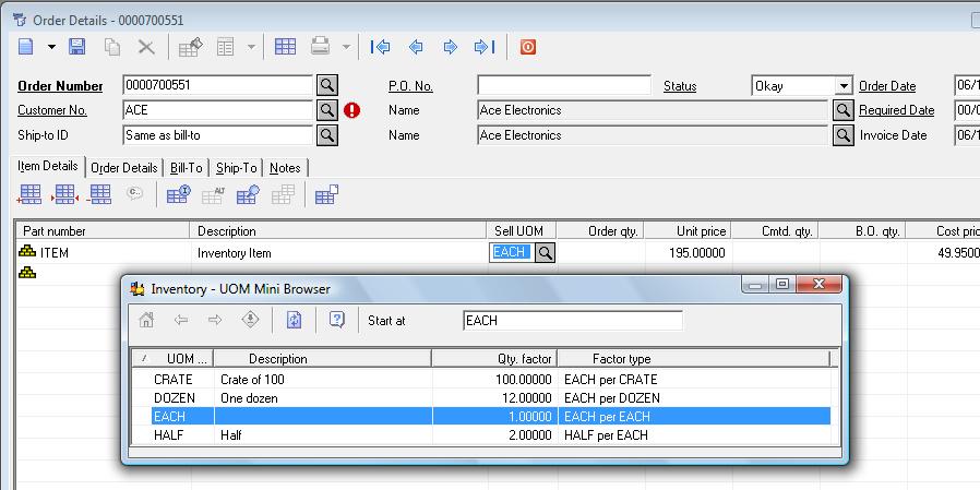 Order Entry allows entry of any valid unit of measure that has the Sell unit of measure setting enabled.