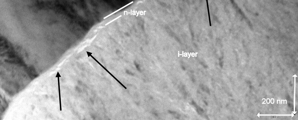 This layer is visible by the bright lateral line along the n-layer/i-layer interface, which indicates a low silicon density and defective material. No vertical cracks are observed.