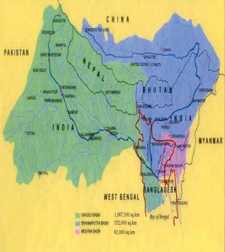 3 Tarim 2,030 146 40.2 Country Basin % of River Flow Originating Outside of Border Afghanistan Indus, Tarim 15.00 Bangladesh Ganges-Brahmaputra, 91.00 Bhutan Ganges-Brahmaputra, 00.