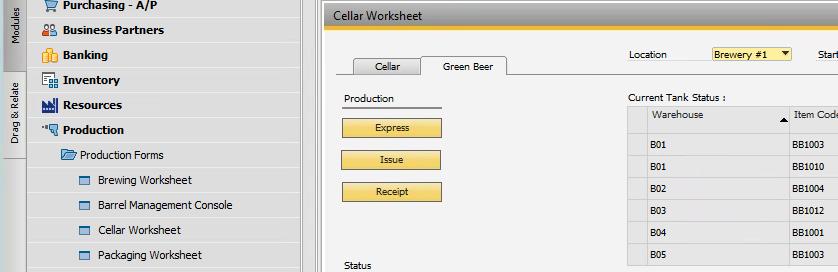 Production Process Express Green Beer Express (Create) Green Beer Modules > Production > Production Forms > Cellar Worksheet > Green