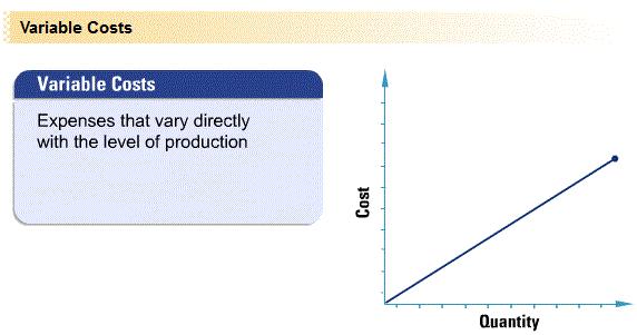 Variable costs are costs that vary with the level of production. A classic example of a variable cost is the cost of labor.