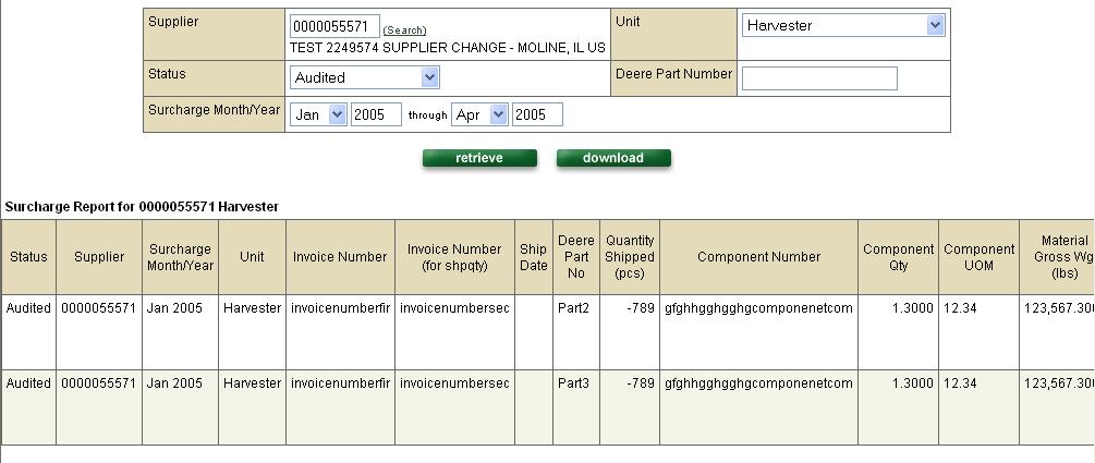Searching for Surcharge Information continued 6. If desired, enter a Deere Part Number. 7. Enter the date range for the information you wish to retrieve in the Surcharge Month/Year field. 8.