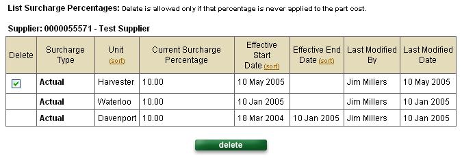 Maintain and Validate Surcharge Percentage cont. Deleting Percentage Amount You may delete percentage amounts if they have never been applied to the part cost.