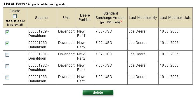 Setting Standard Surcharge Amount continued Update New Parts continued Deleting Parts You may delete parts that were added using the Surcharge Tracking application.