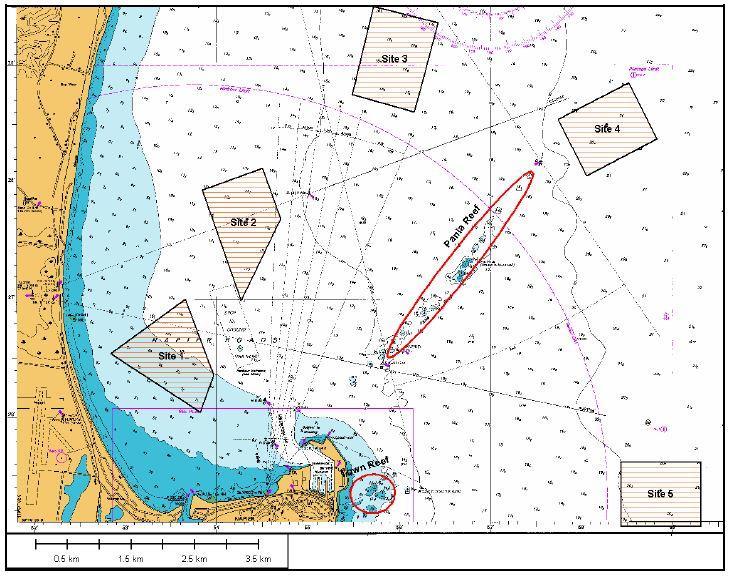 Figure 5-1: Site options considered in 2005 for disposal of dredge material While the results of this early exercise are indicative only, it was noticeable that Site 1 appeared to have a