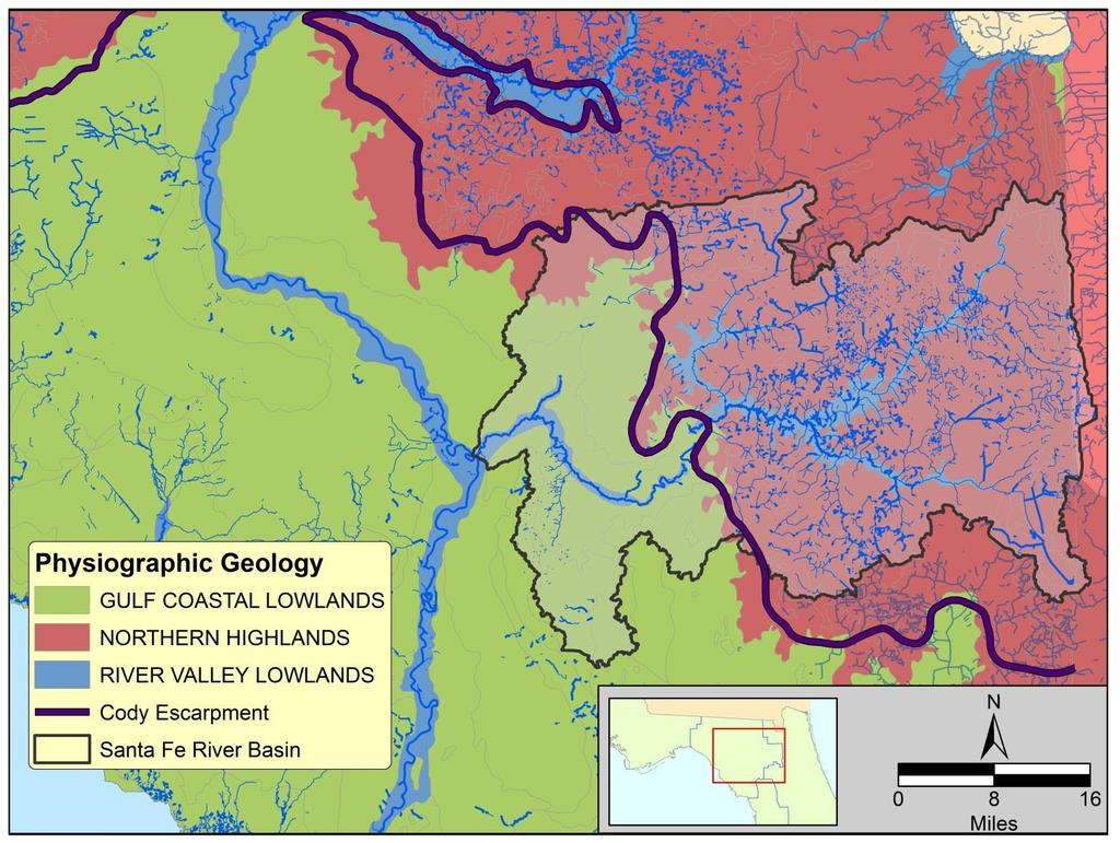 Basin is critical to maintaining flow in the springs and baseflow in the Lower Santa Fe and Ichetucknee Rivers. Figure 1-2. Physiography of the Lower Santa Fe River Basin 1.