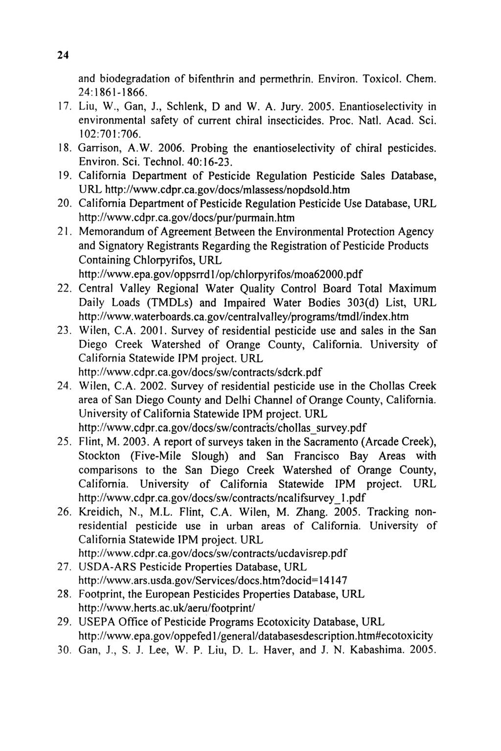 24 and biodegradation of bifenthrin and permethrin. Environ. Toxicol. Chem. 24:1861-1866. 17. Liu, W., Gan, J., Schlenk, D and W. A. Jury. 2005.