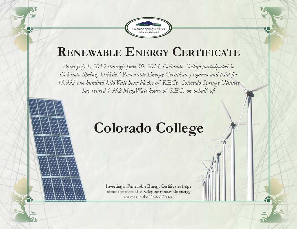 Increased Renewable Purchases This year, CC increased its purchases of renewable energy. In total this academic year, we purchased 4.0% of our total energy from renewable sources or 13.