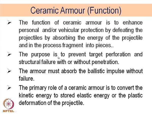(Refer Slide Time: 56:47) Last topic, I will just take cup of minutes very briefly, the function of ceramic armour a there is the one of the applications, which is coming up in a very large way is