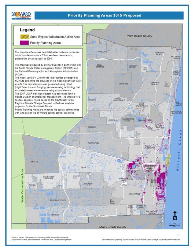 Priority Planning Area for Sea Level Rise Map 50-year timeframe, 2 foot SLR scenario Tidally-influenced area of County Includes areas of likely inundation (>75% certainty) and possible inundation