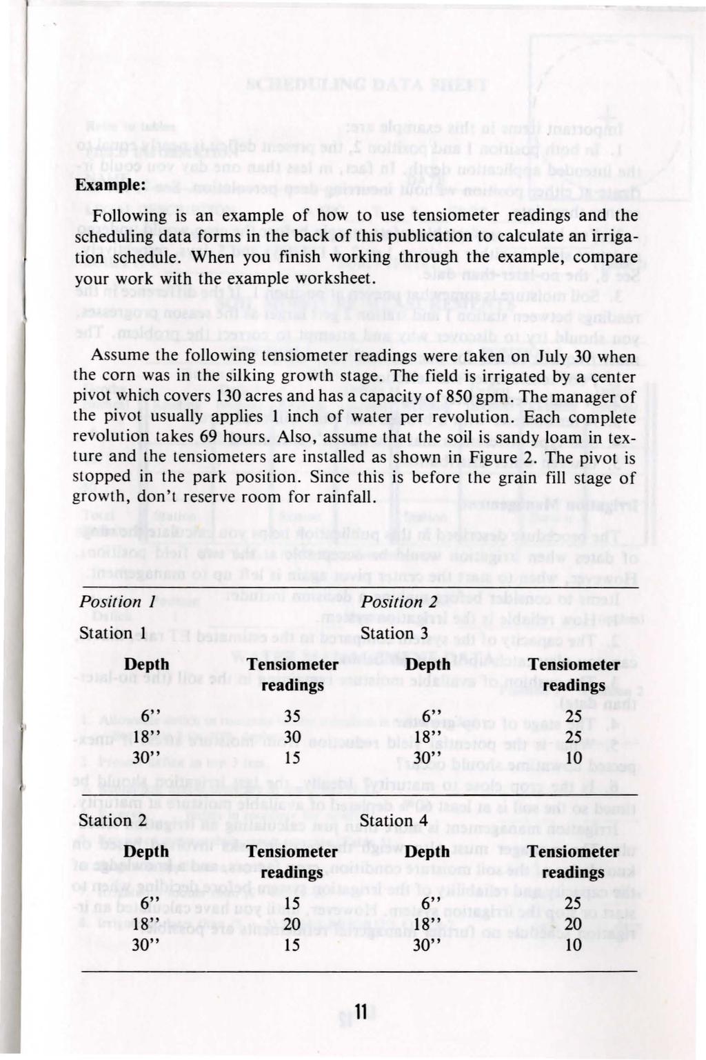 Example: Following is an example of how to use tensiometer readings and the scheduling data forms in the back of this publication to calculate an irrigation schedule.