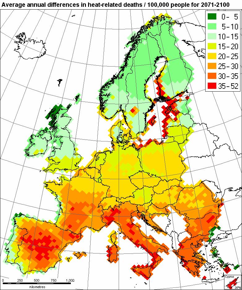 Projected increase in heat-related deaths in Southern Europe Hot summer of 2003 resulted in more than 70,000 excess deaths (12 countries) 86,000 excess deaths per year are projected in the EU