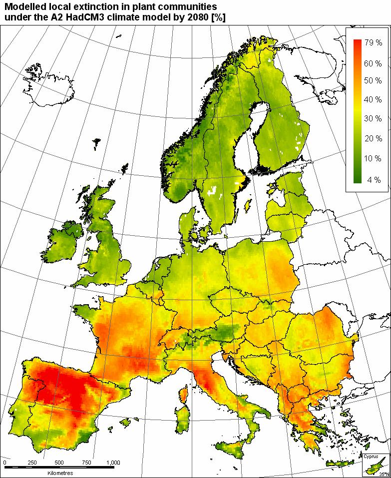 Projected local extinction of plants in Southern Europe By the late 21st Century, distributions of European plant species are projected to have shifted several hundred