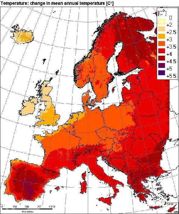 European temperature projected to increase most in north and south (Mediterranean) Source: PESETA project,