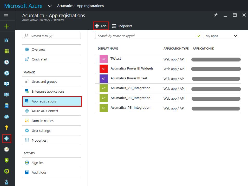 Integrating Acumatica ERP with Azure Active Directory 34 3. In the left pane, click App registrations.