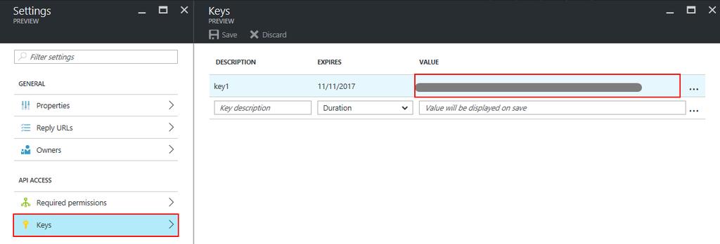 The key value appears in the Value box (see the screenshot below). Copy this value to use it as a client secret in Acumatica ERP. : You must copy the key value right after clicking Save.