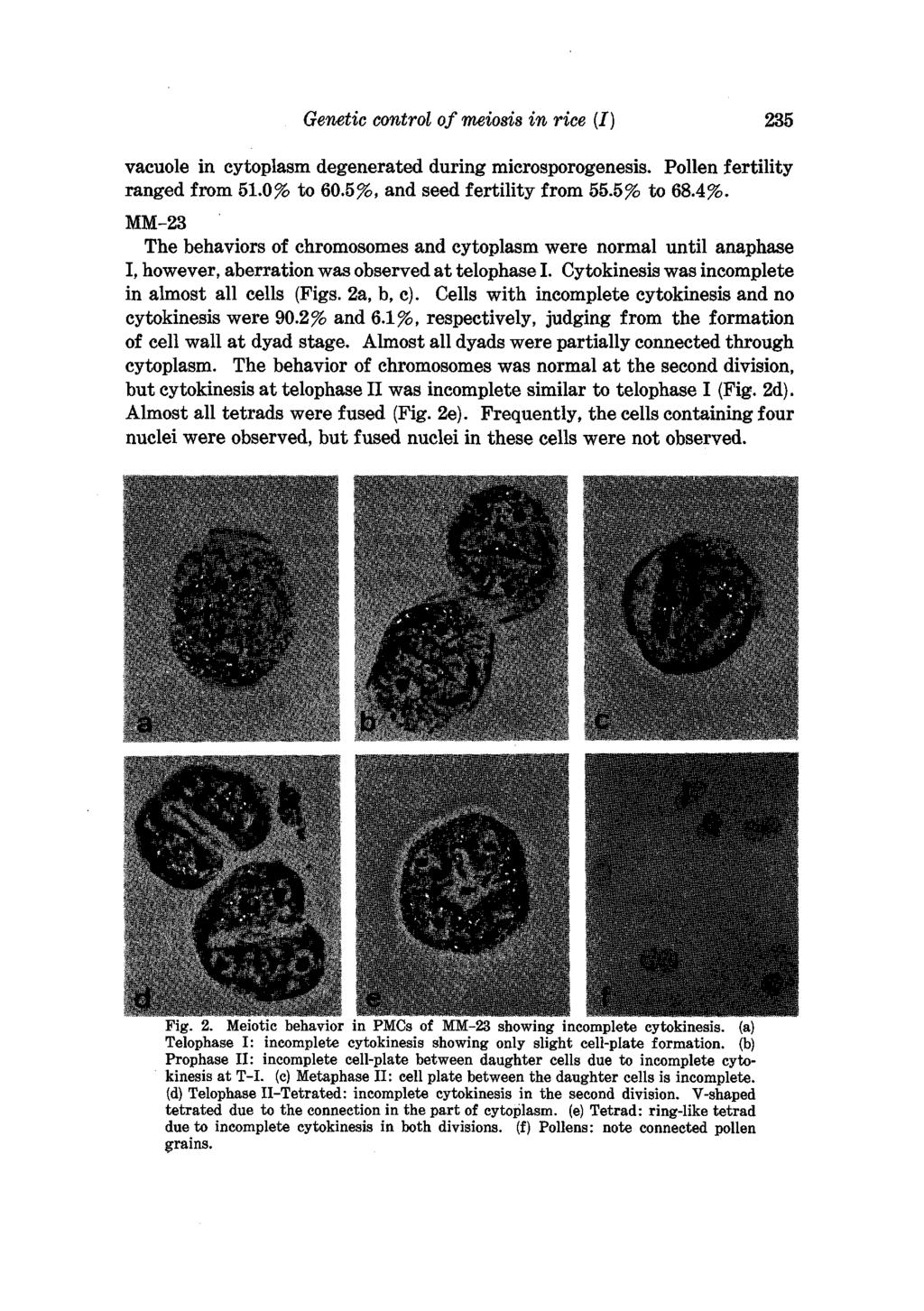 Genetic control of meiosis in rice (I) 235 vacuole in cytoplasm degenerated during microsporogenesis. Pollen fertility ranged from 51.0% to 60.5%, and seed fertility from 55.5% to 68.4%.