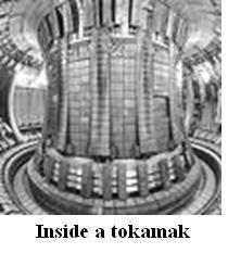 Magnetic confinement: These charged particles are contained via magnetic fields and travel in a circle in a doughnut shaped ring called a tokamak which an acronym of the Russian phrase for toroidal