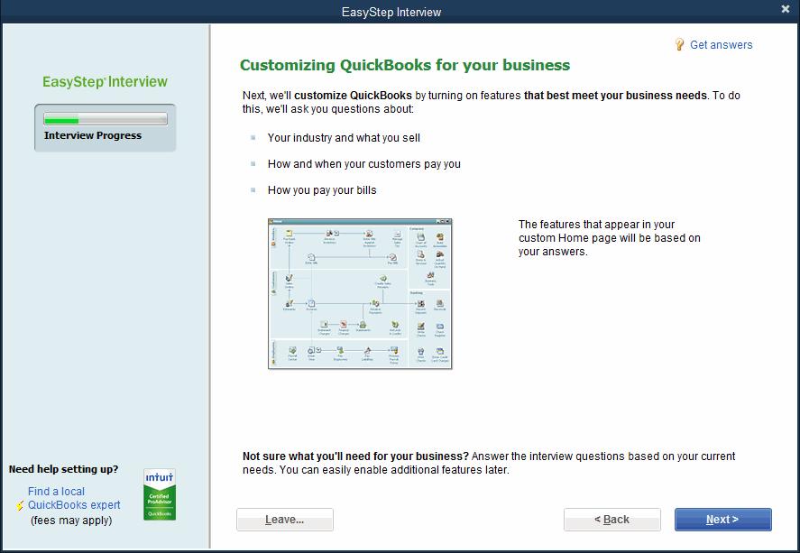 Customizing QuickBooks for Your Business Customizing QuickBooks for Your Business The customization section of the EasyStep Interview is where you indicate: What you sell How and when your customers