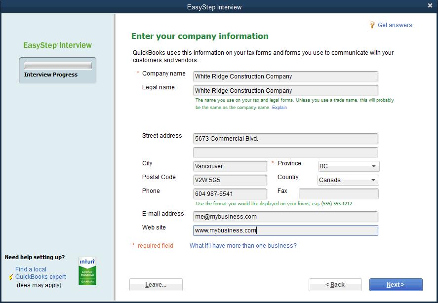 Entering Company Information Entering Company Information To create a new QuickBooks company file: At the first Welcome window for the EasyStep interview the Enter Your Company Information window