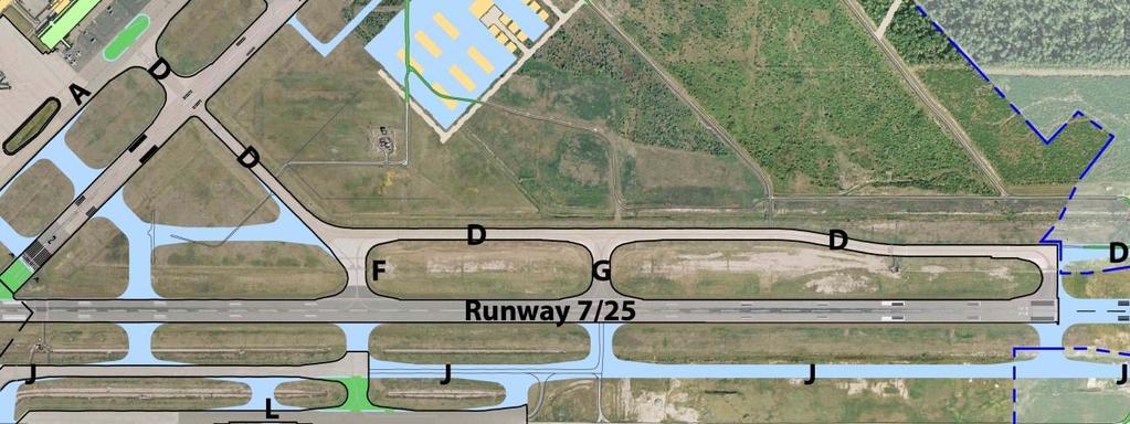 Project Title Taxiway D Rehabilitation from 2/20 to the Existing 25 end No. Intermediate 19 Taxiway D between Runway 2/20 and the existing Runway 25 end will require pavement rehabilitation.