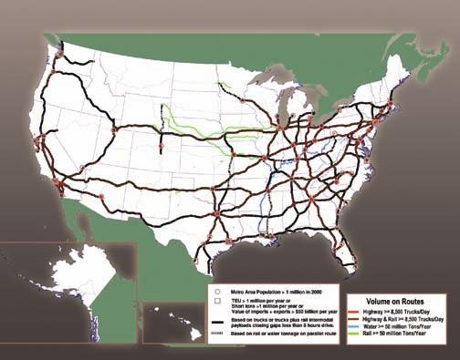 Figure 9 shows major freight corridors by connecting gaps less than 440 miles (the distance a truck can travel in 8 hours at 55 miles per hour) between highway segments displayed in Figure 8 and