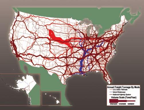 Demands on the Transportation System Freight moves throughout the United States on 985,000 miles of Federal-aid highways, 141,000 miles of railroads, 11,000 miles of inland waterways, and 1.