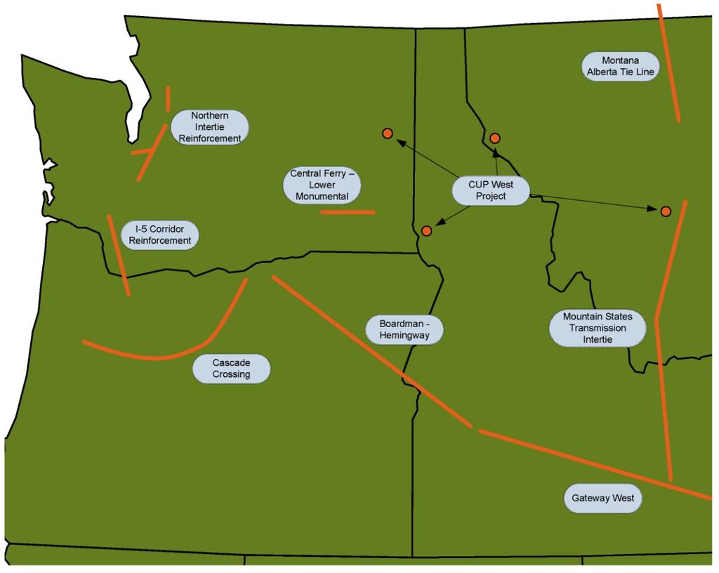 Figure E-3 Proposed Regional Transmission Projects These projects bring three main benefits to the region: 1) access to significant incremental renewable resources in