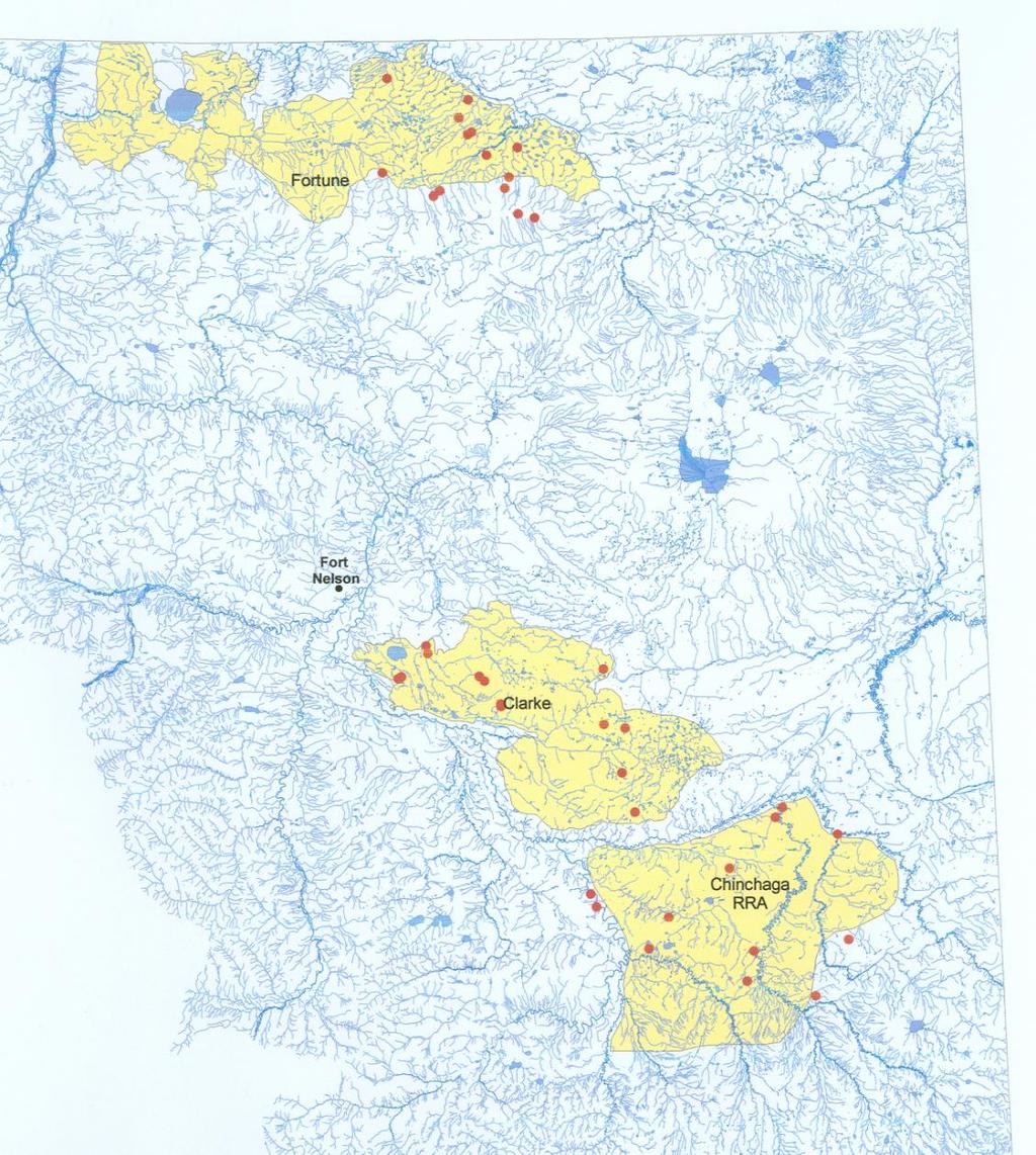 Figure 2. Location of collared female moose observations within the UNBC Fortune, Clarke, and Chinchaga RRA moose study areas; March 23-29, 2016. 3.