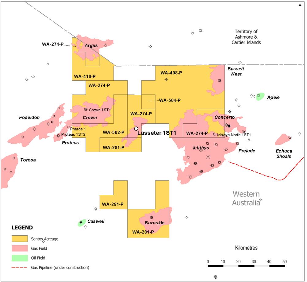 Browse Basin Significant gas-condensate discovery with the Lasseter-1 well, adding to Santos material resource position in the Browse Lasseter gas-condensate discovery Well intersected a gross