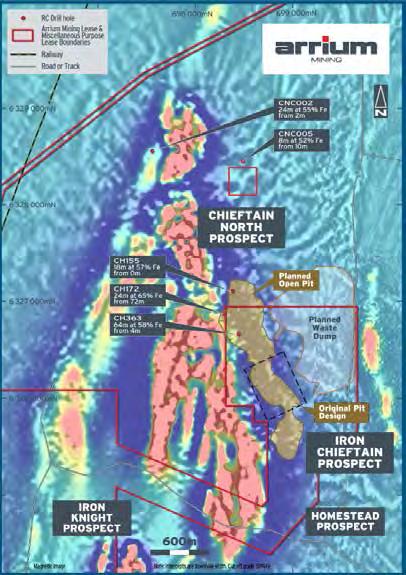 Iron Chieftain Area Recent drilling and geophysical data has provided increased confidence in this region, hence a key priority Chieftain Intersections at surface or near surface low stripping ratio