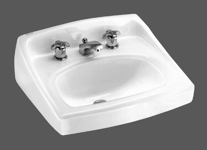 BARRIER FREE LUCERNE -HUNG LAVATORY Wall-hung sink Vitreous china Front overflow D-shaped bowl Self-draining deck area with contoured back and side splash shields Faucet ledge Faucet holes on 203mm